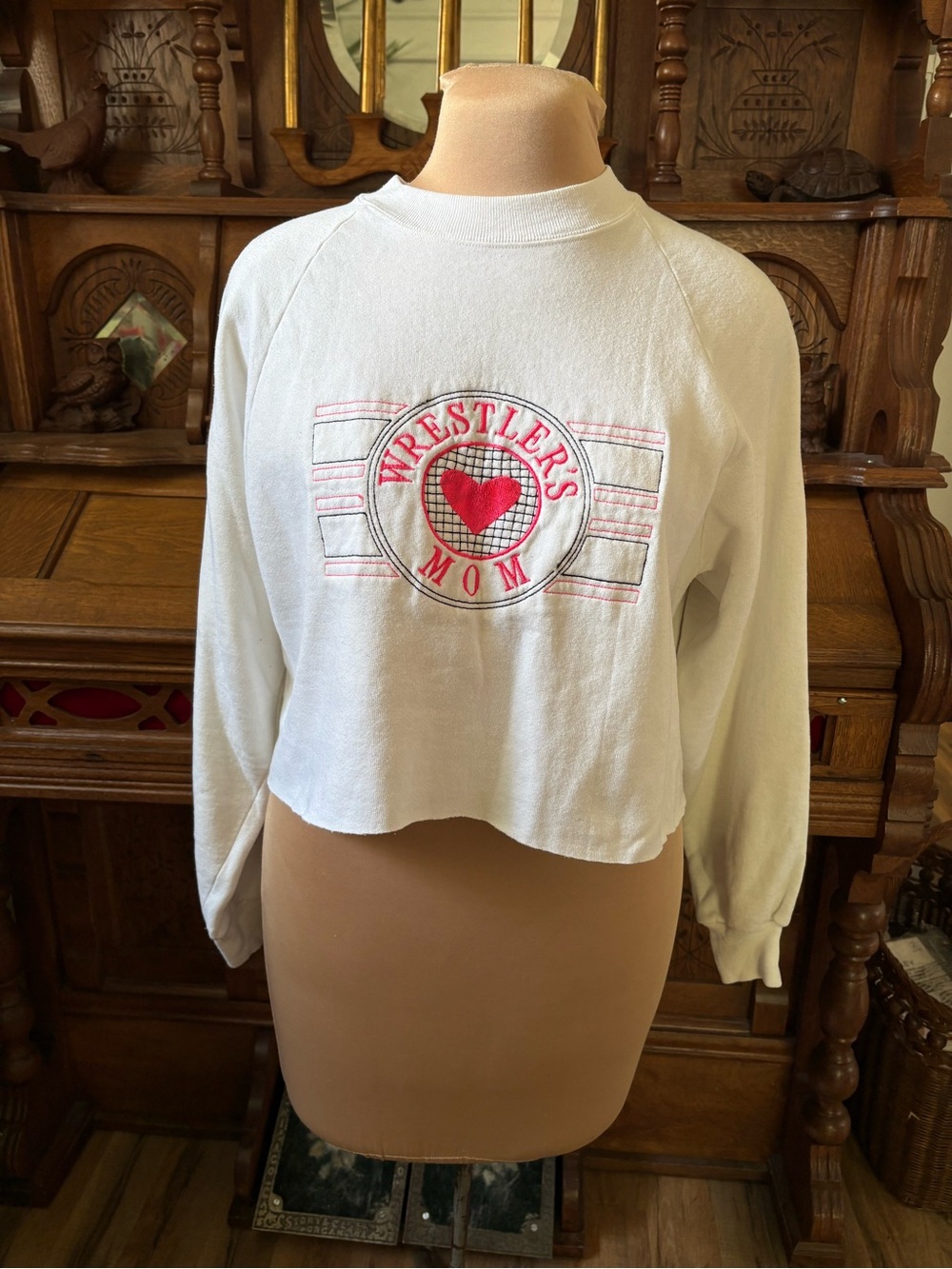 Wrestler's Mom White Cropped Sweatshirt with Pink Heart